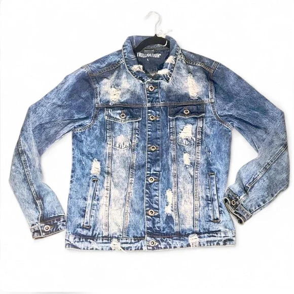 TrillNation Blue Distressed / Thrashed Denim Jean Jacket Size L - Picture 1 of 10